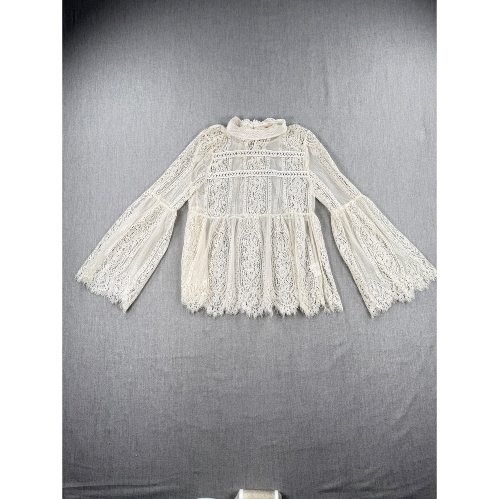 Altar'd State Cream Lace Bell Sleeve Mock Neck Babydoll Blouse Medium
